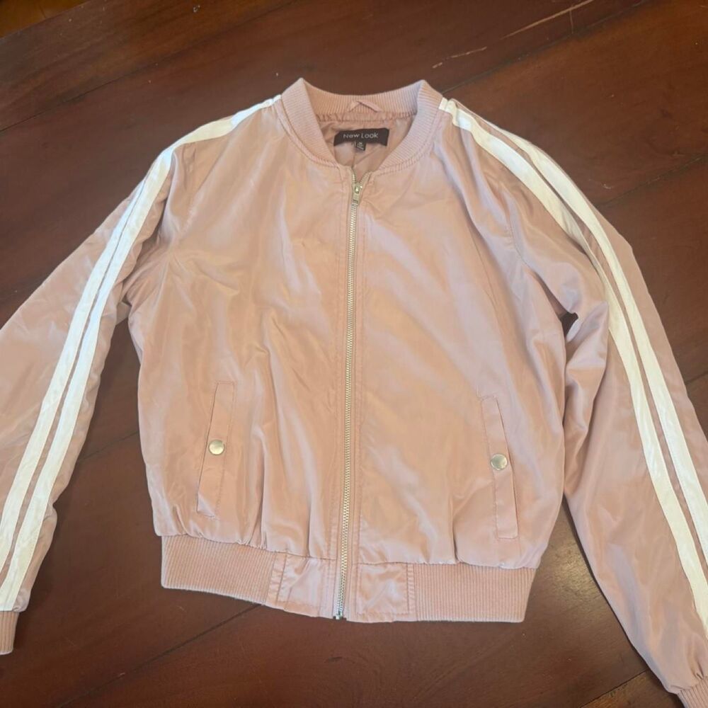 New Look Womens Dusty Pink Athletic Stripe Zip Up Bomber Jacket Size Medium M